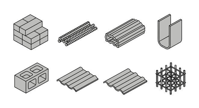Isometric architectural construction materials and building elements collection including bricks concrete blocks rebar and corrugated sheets presented
