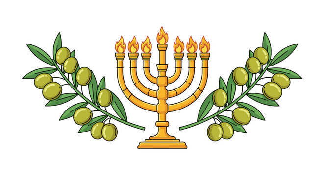 Golden menorah with seven flames and olive branches symbolizing peace faith and heritage isolated on white background representing judaism