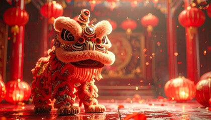 Happy Chinese New Year 2026 background, traditional lion dance on a red and gold stage, intricate costumes, bold celebratory energy&rdquo;