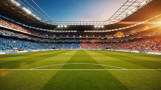 Grand Football Stadium Under Bright Lights With Green Field And Packed Crowd At Match Time
