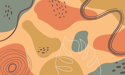 Boho abstract terrazzo background with earth tones, organic shapes, and minimalist line art