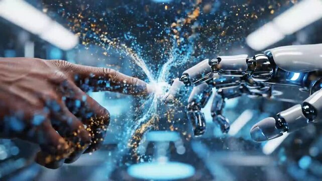 Human And Robot Hands Touching With Energy Sparks Artificial Intelligence Technology Connection Concept