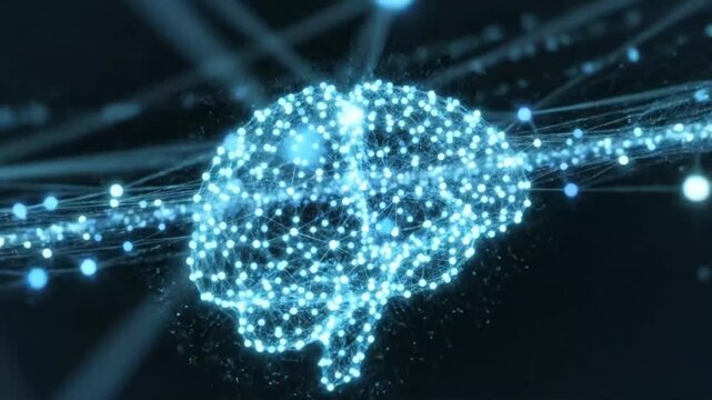 Glowing Digital Brain Made Of Particles Representing Artificial Intelligence Neural Network Concept