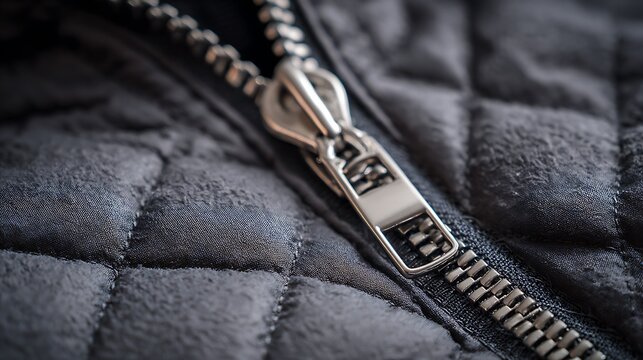Close-up of a dark grey jacket's quilted texture and open zipper, showing intricate details