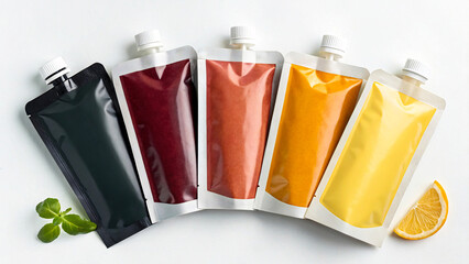 Five Colorful Drink Pouches Displaying a Spectrum of Flavors