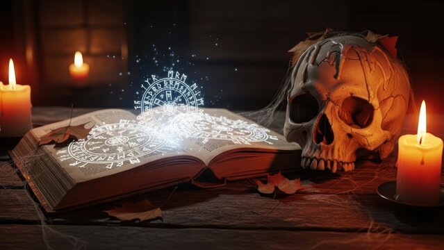 Eerie composition featuring a skull, illuminated book, and candlelight creating an atmosphere