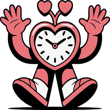 Animated Heart-Shaped Clock Character: A whimsical cartoon character shaped like a heart, incorporating a clock face, exudes charm and playfulness. The figure's dynamic pose.