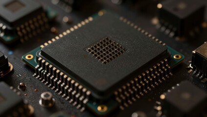 Close up of a black computer motherboard with integrated circuits and metal pins