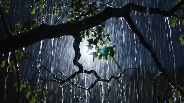 Heavy rain streaks down, lit by a distant light, framed by tree branches and leaves