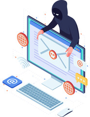 Isometric Hacker Stealing Data Through Phishing Email