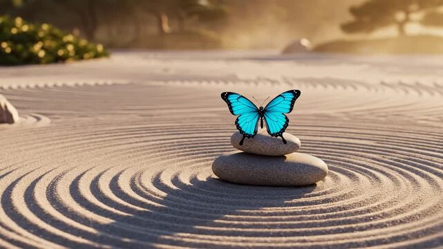 Blue butterfly on stacked stones in a serene sand garden with raked patterns