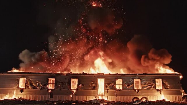 A mobile home engulfed in a massive fire at night, flames and sparks explode upwards