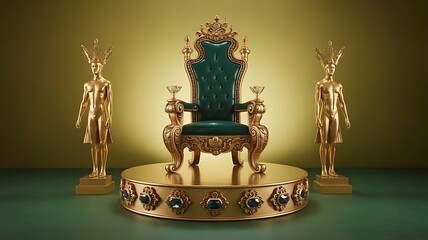 Regal green throne on a golden platform with golden statues and gemstone accents