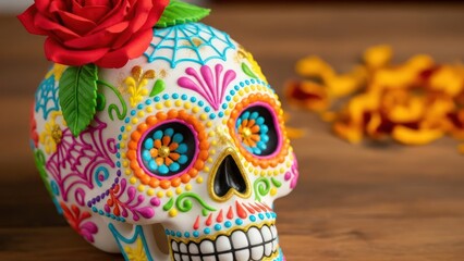 Fototapeta premium Vibrant sugar skull adorned with a striking red rose for a festive celebration