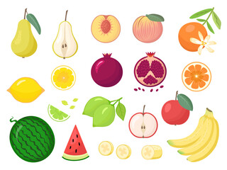 Fruit set, banana, pear, pomegranate, lemon, peach, apple and watermelon. Vector Illustration for backgrounds and packaging. Image can be used for card, poster, sticker. Isolated on white background.