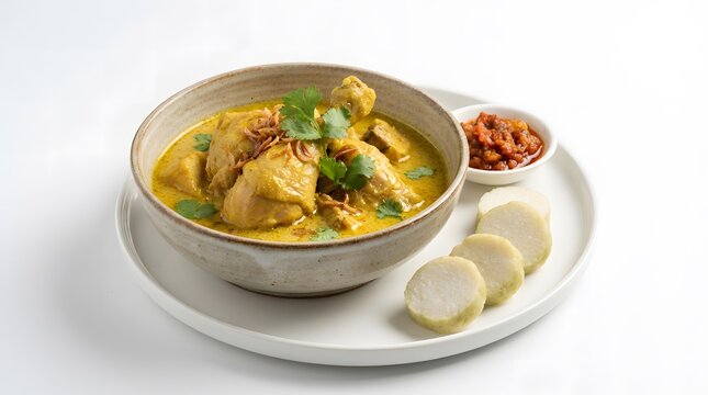 Traditional Indonesian Opor Ayam with Lontong Isolated on White Background