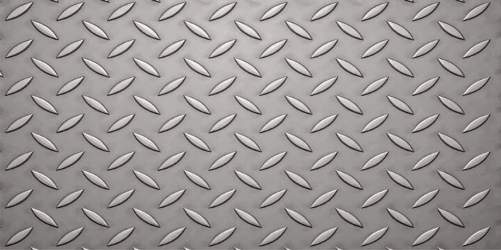 Shiny industrial seamless diamond plate pattern with a metallic silver steel texture on a rough grey aluminum sheet surface for construction and design