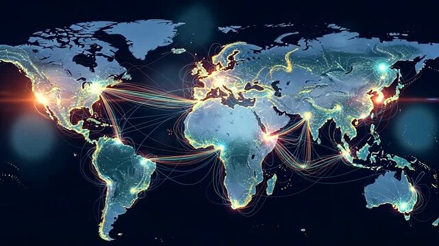 Global Network Connections Showing International Trade Routes and Communication.