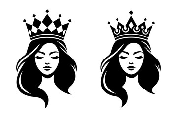 Beautiful queen face silhouette wearing royal crown for beauty and fashion logo