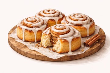 Fototapeta premium Golden cinnamon rolls with visible swirls, topped with icing and pulled apart to show soft interior