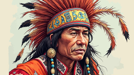 Obraz premium Vector portrait of a wise Indigenous man in traditional feathered headdress and attire