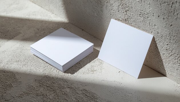 Hard Shadow Play with Small Square Business Card Stack. Neo-Minimalism & Quiet Luxury Product Mockups. A neat stack of unbranded small square business cards positioned next to a single card.
