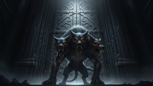 Menacing three headed hound guardian looming before imposing gothic doorway artwork