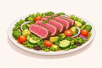 Semi-realistic illustration of fresh salad with seared tuna, greens, avocado, vegetables, and dressing