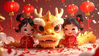 Happy Chinese New Year 2026 background, cute festive characters celebrating around a Chinese dragon, lanterns, red envelopes raining confetti&rdquo;