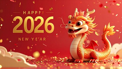 Happy Chinese New Year 2026 background, adorable cartoon zodiac dragon celebrating, confetti, golden text, joyful mood, rich colors&rdquo;