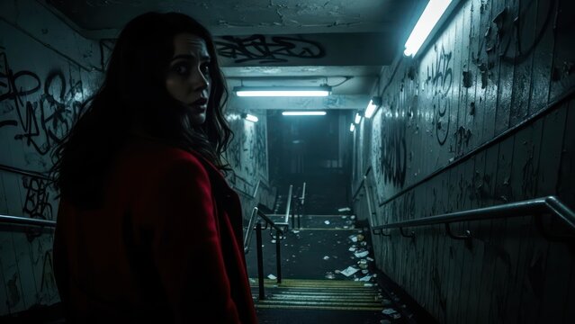 Suspenseful Descent: A woman in a dark subway underpass, evokes feelings of urban tension and