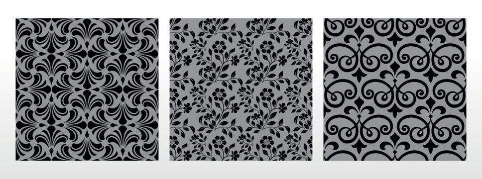 Geometric floral set of seamless patterns. Gray and black vector backgrounds. Damask graphic ornaments