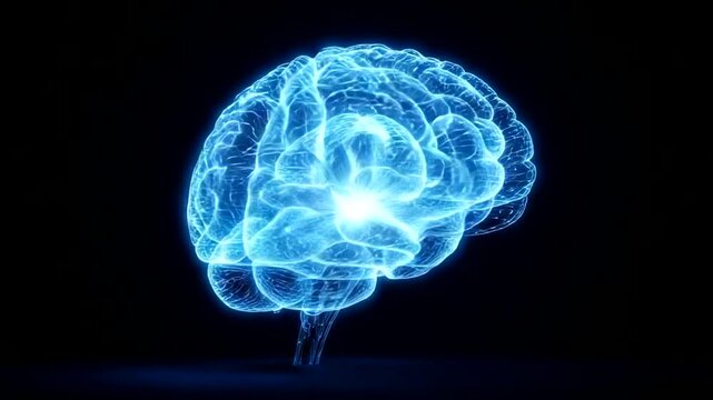 Glowing Blue Human Brain Anatomy With Neural Activity.