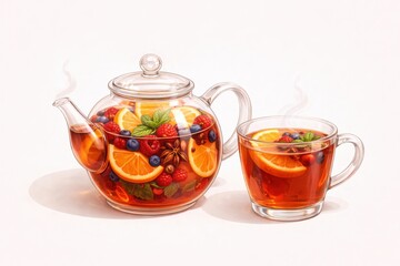 Transparent glass teapot with hot fruit infused tea, citrus slices, berries, herbs, and a glass cup