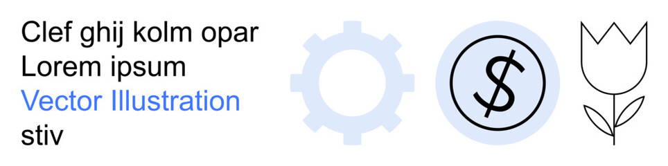 Obraz premium Technology, finance, economy, industry, development, sustainability. Gear icon, dollar sign and tulip line drawing. Technology and finance interconnected concepts