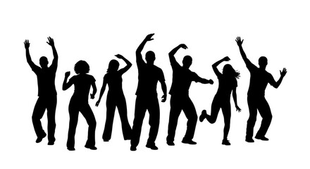 Group of silhouetted people dancing together in energetic poses captured from a front viewpoint