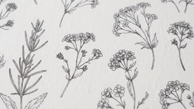Seamless black and white floral pattern with hand drawn flowers and leaves in a vintage style
