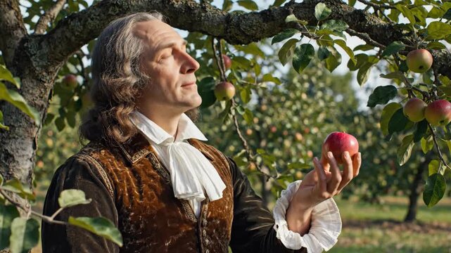 Historical Scientist in 17th Century Costume Observing Apple Tree, Reflecting Scientific Discovery and Enlightenment Era
