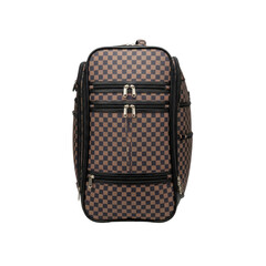 Brown checkered travel bag with multiple zippers
