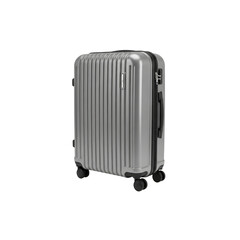 Silver rolling suitcase with black handle and wheels