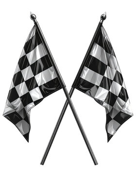 Two crossed black and white checkered flags for a race finish. Isolated on transparent background