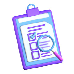 3D illustration of a magnifying glass over a checklist clipboard showing performance review and data assessment