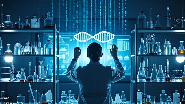 Scientific Discovery: A researcher stands captivated by a display of genetic code, surrounded by laboratory glassware, representing the cutting edge of scientific exploration and discovery.