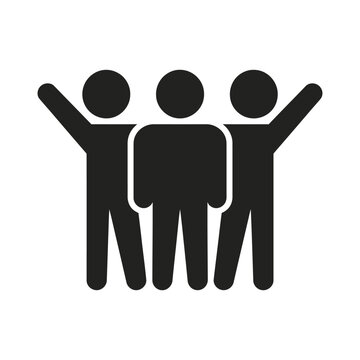Three people standing together with arms raised in celebration  teamwork and unity icon