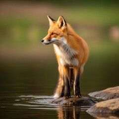 Red fox standing in water with blurred background