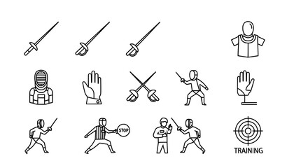 Fototapeta premium Minimal fencing equipment line icon set vector