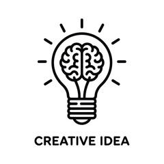 Fototapeta premium Black line drawing lightbulb with brain inside and creative idea text icon