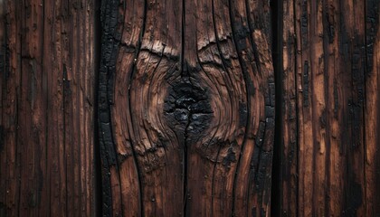 A close-up view of a burnt wooden surface with a prominent knot in the center.