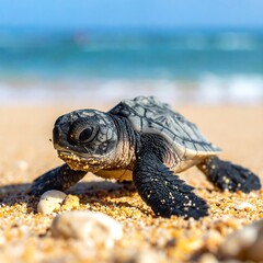 Obraz premium Adorable baby sea turtle crawls across golden sand towards the turquoise ocean waves