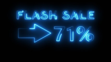 Neon counting percentage number on black background. Neon sale 71% number text illustration. Neon sale with arrow sign.
